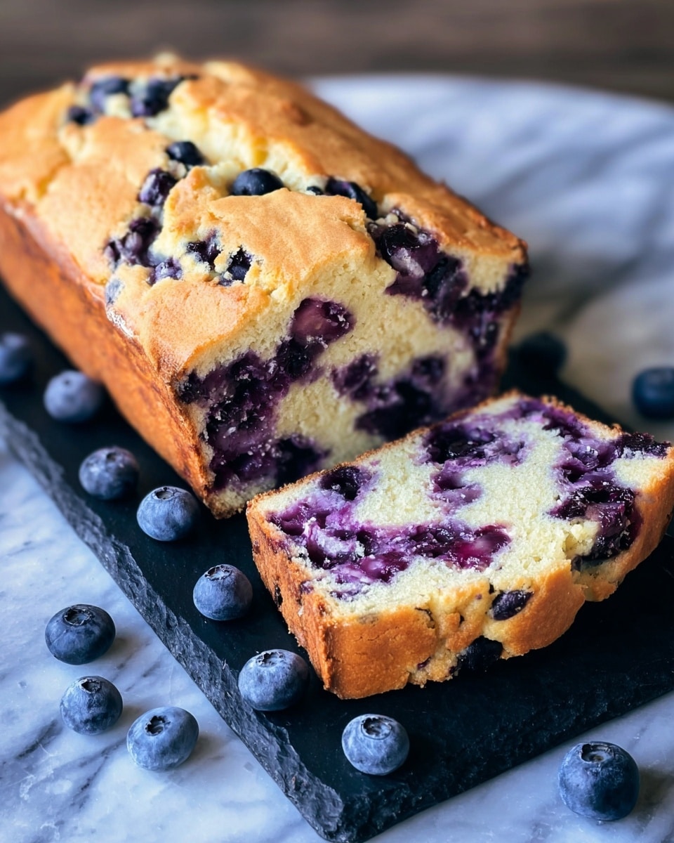 A loaf of blueberry bread with one slice cut and placed in front of it, showing the inside filled with purple-blue blueberries embedded in light yellow moist bread. The top of the loaf is golden brown with cracks and visible berries near the surface. The loaf and slice rest on a dark tray that is on a white marbled texture surface. Several fresh blueberries are scattered around the tray, enhancing the visual appeal. photo taken with an iphone --ar 4:5 --v 7
