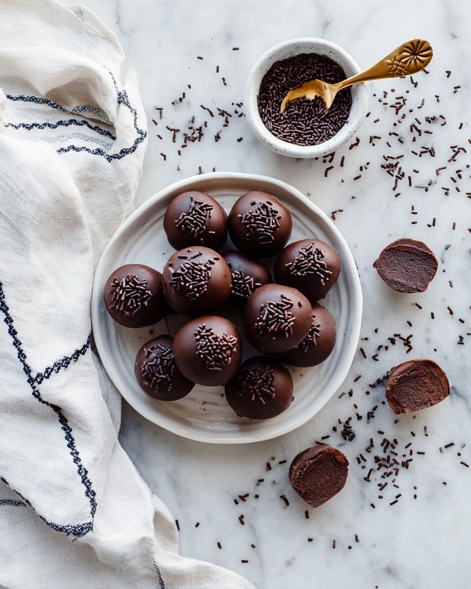 A round white plate sits on a white marbled surface, holding 14 smooth, shiny chocolate truffles, some topped with small chocolate sprinkles. Two truffles are cut in half to show a dense, dark chocolate inside. Scattered chocolate sprinkles lie on the plate and around it on the surface. Nearby, a small white bowl filled with more chocolate sprinkles holds a thin gold spoon with a leaf-shaped handle. A white cloth with dark blue zigzag stitching is partially draped next to the bowl. Photo taken with an iphone --ar 4:5 --v 7