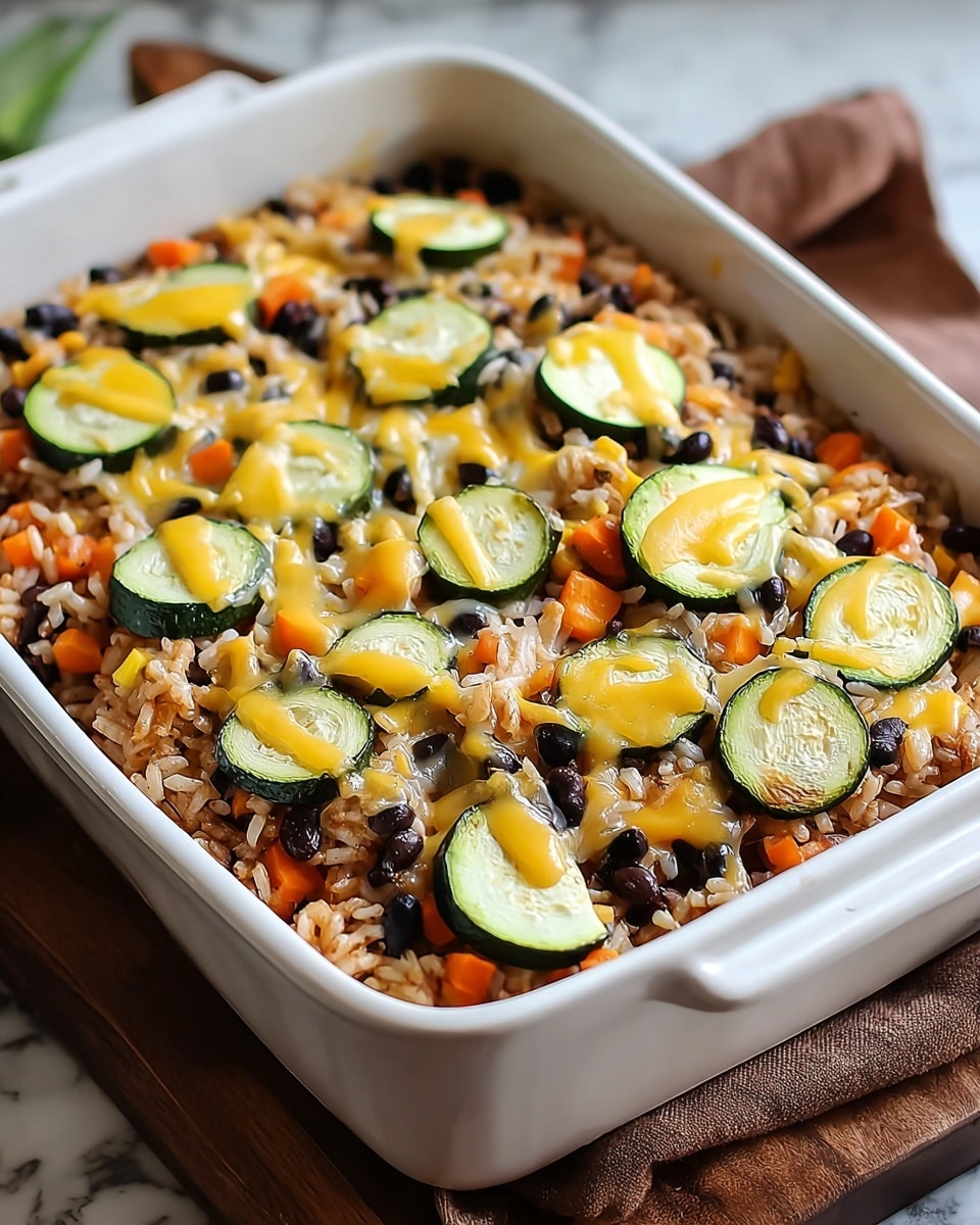 The image shows a white rectangular baking dish filled with a colorful rice casserole. The base layer is made of cooked rice mixed with small orange carrot pieces. Scattered on top are black beans, creating contrast with the lighter ingredients. Sliced green zucchini pieces sit evenly on the surface. Melted yellow cheese is drizzled over the top, creating a slightly stretchy texture in some places. The dish sits on a wooden board, with a brown cloth nearby, and the background features a white marbled texture. photo taken with an iphone --ar 4:5 --v 7