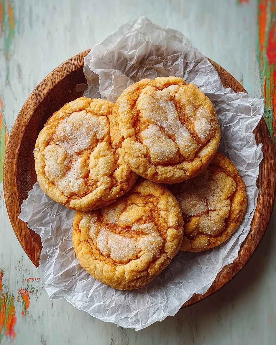 The image shows a wooden round plate lined with crinkled white parchment paper holding four golden-brown cookies. Each cookie has a slightly cracked top with a lighter, sugar-dusted center and darker, caramelized edges, giving them a textured, soft and chewy look. The cookies are arranged close to each other, covering most of the parchment. The plate is set on a white marbled surface with some rustic colorful streaks in the background. photo taken with an iphone --ar 4:5 --v 7