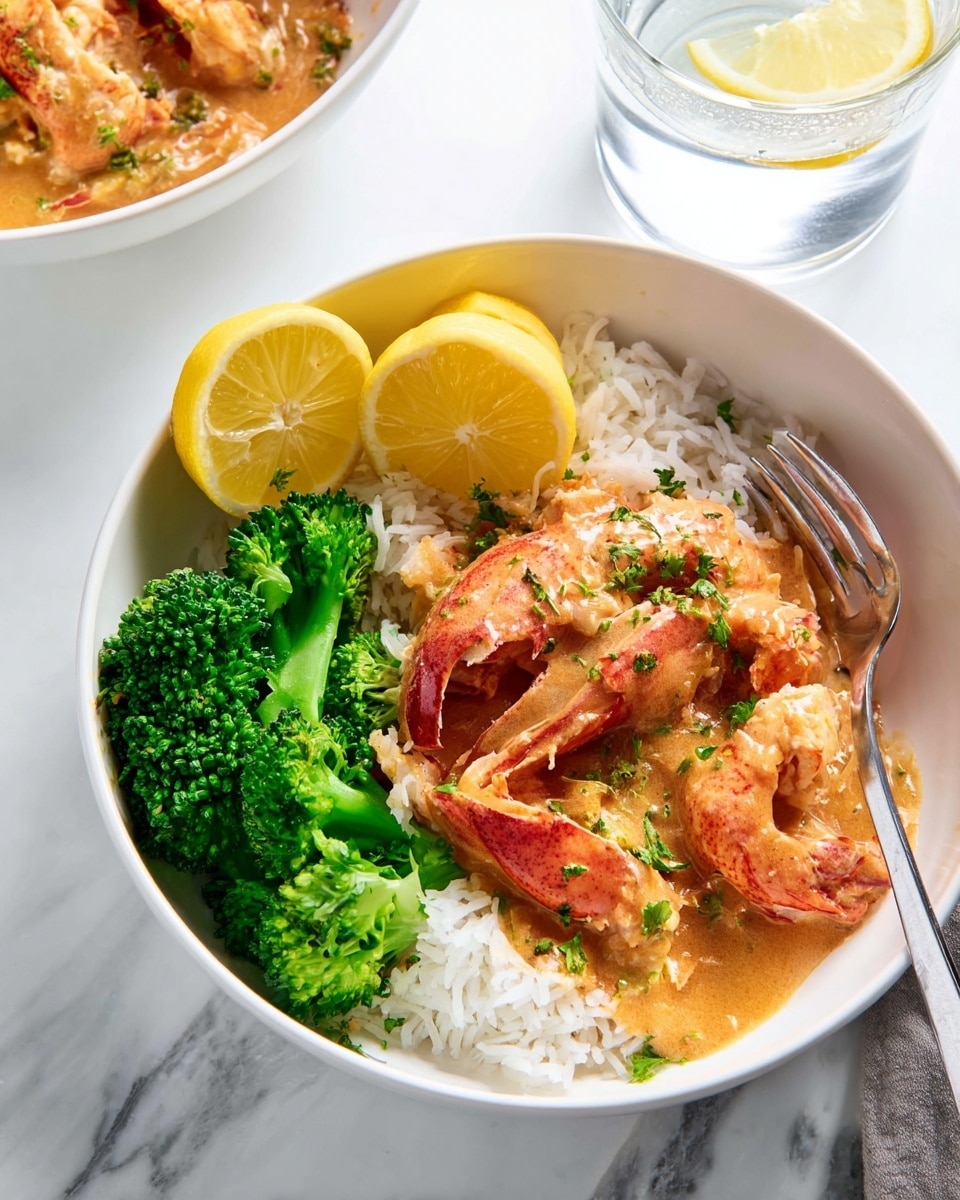 A white bowl with three main layers: the bottom layer is white rice, the middle layer contains creamy, orange-brown sauce with chunks of lobster claw and meat scattered throughout, and the top layer features fresh green broccoli florets on one side and two bright yellow lemon wedges placed on the edge. A silver fork rests inside the bowl near the broccoli, and light green parsley sprinkles add a touch of color on the sauce. The bowl is set on a white marbled surface, with a glass of water and lemon wedge visible in the background. photo taken with an iphone --ar 4:5 --v 7