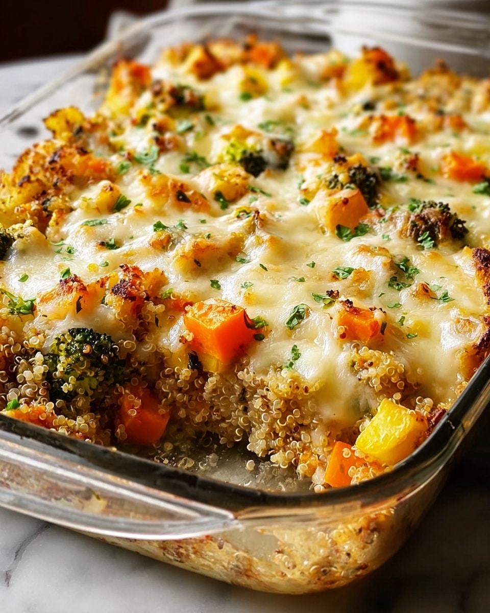 A close-up of a baked casserole in a clear glass baking dish with two small handles, sitting on a white marbled surface; the casserole has three visible layers: the bottom layer shows cooked quinoa with small, round grains in cream and light brown colors; the middle layer contains mixed vegetables including orange carrot chunks, green broccoli florets, and yellow squash pieces scattered evenly; the top layer is melted cheese that is golden brown and bubbly with small browned spots, sprinkled with chopped green herbs, giving a fresh look; a portion is scooped out from one corner showing the layers inside clearly, with the quinoa grains and mixed vegetables visible beneath the cheese layer; the lighting is warm, enhancing the colors and textures; photo taken with an iphone --ar 4:5 --v 7