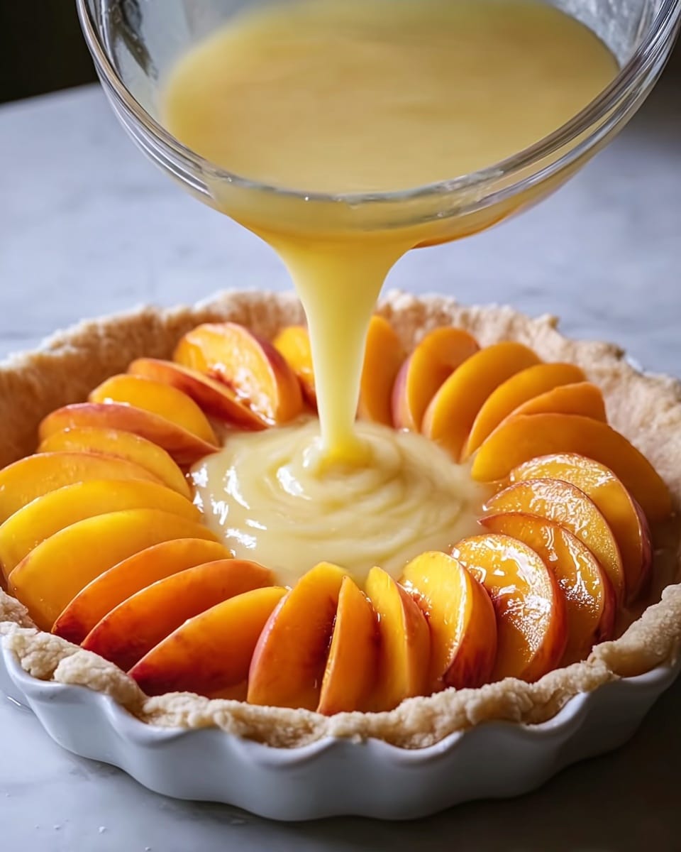 The image shows a single-layer peach tart in a white fluted ceramic pie dish. The bottom layer is a golden-brown baked crust with a slightly crimped edge that looks crisp and flaky. On top of the crust, there is a creamy yellow custard-like layer, smooth and glossy. The top layer consists of sliced peach pieces arranged in a slightly overlapping pattern, their orange and reddish skin contrasting with the soft yellow flesh. The tart sits on a wooden board with a white marbled surface and a folded white cloth with blue stripes nearby. Photo taken with an iphone --ar 4:5 --v 7