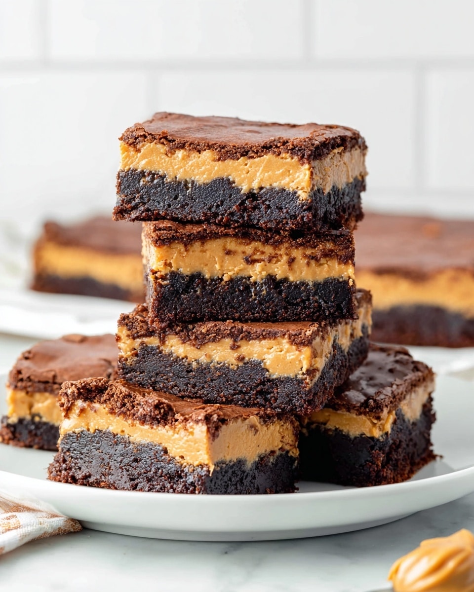 A stack of five brownie squares arranged on a white plate, each brownie showing three distinct layers: a dark, rich chocolate bottom layer, a thick middle layer of smooth, light brown peanut butter filling with a slightly creamy texture, and a top layer of chocolate brownie with a thin, slightly cracked crust. The stack is set on a white marbled surface with a blurred white tiled background. In front of the plate, a spoon with a dollop of peanut butter is visible, emphasizing the dessert’s creamy filling. photo taken with an iphone --ar 4:5 --v 7