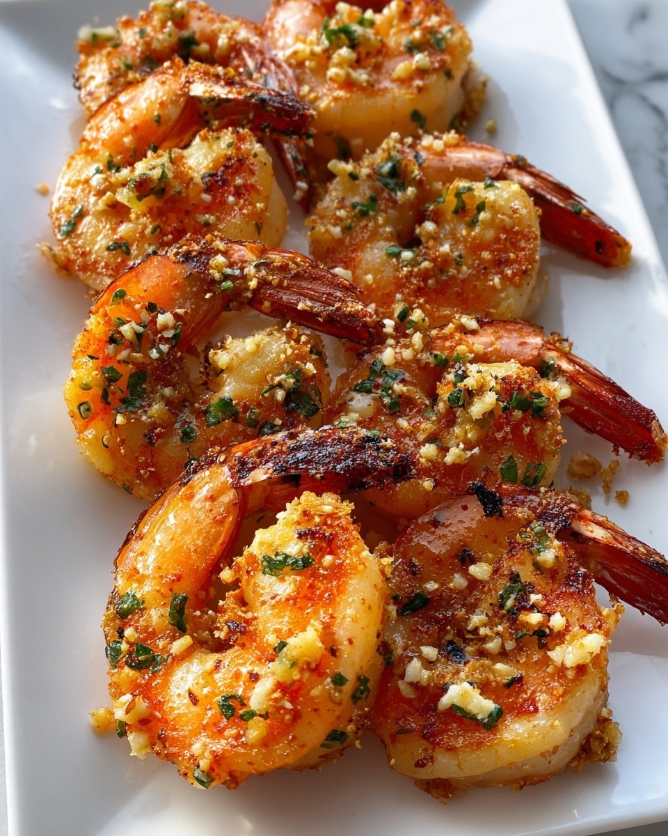 A close-up view of cooked shrimp arranged neatly on a white rectangular plate. Each shrimp is a bright orange-pink color with a slightly charred and crispy texture on the outer layer. The shrimp are coated with small bits of garlic and finely chopped green herbs, giving a speckled look of white and green across their surface. The shrimp tails are visible, adding a slight curve and depth to the arrangement. The overall look is glossy with a mix of warm orange and golden brown from the light roasting. The plate sits on a white marbled surface. photo taken with an iphone --ar 4:5 --v 7