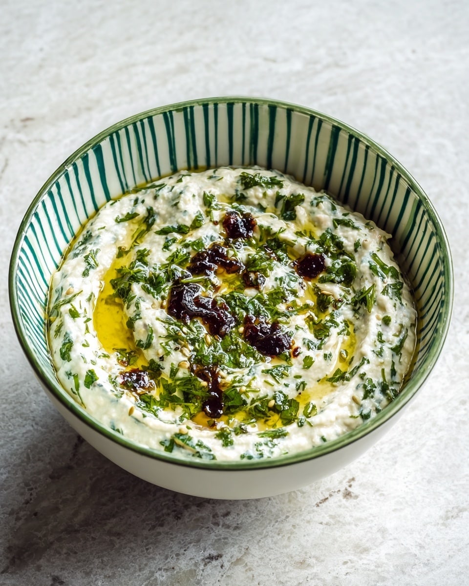 The image shows a bowl of creamy white dip mixed with finely chopped green herbs, giving it a speckled texture. It sits in a white bowl with green vertical stripes on the inside. The dip is topped with a drizzle of golden olive oil and small dollops of dark red chili oil or sauce, adding contrast and a glossy shine. The bowl is placed on a white marbled textured surface. photo taken with an iphone --ar 4:5 --v 7