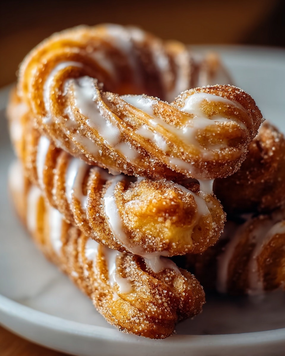 Three twisted, golden-brown churros stacked on a white plate with a white marbled texture beneath. Each churro has multiple ridges coated in a mix of sugar and cinnamon, giving a grainy texture with sparkling sugar crystals. Swirls of white icing glaze lightly drip along the curved layers, enhancing the rich, warm colors. The close-up view highlights the crispy, crunchy outer layer with hints of soft dough inside. photo taken with an iphone --ar 4:5 --v 7