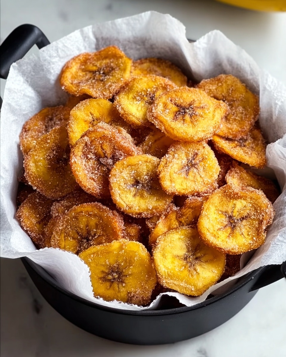 A black basket lined with white parchment paper holds a large pile of golden brown plantain chips, each chip coated evenly with granulated sugar, giving them a slightly sparkly texture. The chips are thin, round, and fried to a perfect crisp with some darker spots adding depth to the golden color. The basket is set on a white marbled surface which adds a clean and bright contrast to the warm tones of the chips. photo taken with an iphone --ar 4:5 --v 7