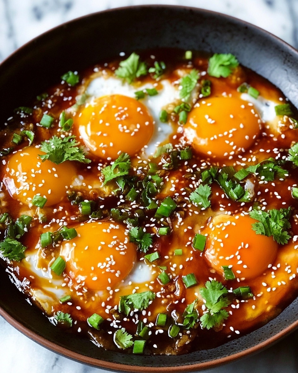 A close-up of two fried eggs with bright orange yolks and crispy, golden-brown edges, placed side by side on a white plate with a slight textured surface. The eggs are topped with a glossy, reddish-brown sauce that pools slightly around the whites, sprinkled with small white sesame seeds and finely chopped green onions. Small pieces of red chili add a pop of vibrant red color among the green onion slices. The background is a white marbled texture, creating a clean, bright setting. Photo taken with an iphone --ar 4:5 --v 7