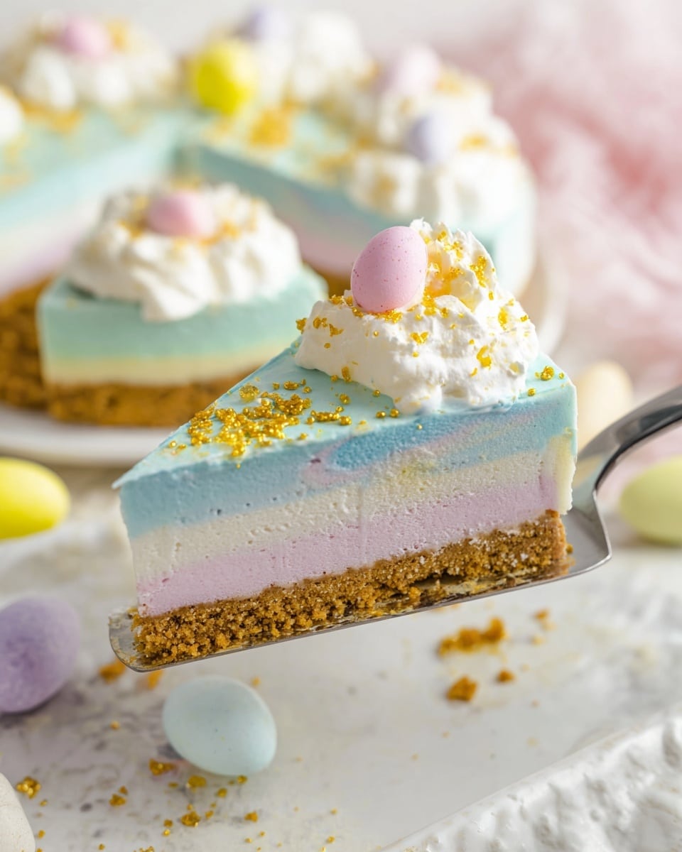 A slice of pastel layered cheesecake is lifted by a white metal spatula above a white plate. The cheesecake has four layers: the bottom crumbly brown crust, a light pink creamy layer, a white creamy layer, and a pale blue creamy top layer. The top is decorated with a dollop of white whipped cream, a small pink candy egg, and golden sprinkle dots scattered across the surface. In the background, the rest of the cheesecake is visible with similar decorations, and the scene is on a white marbled surface with soft textures and pastel-colored candy eggs around. Photo taken with an iphone --ar 4:5 --v 7