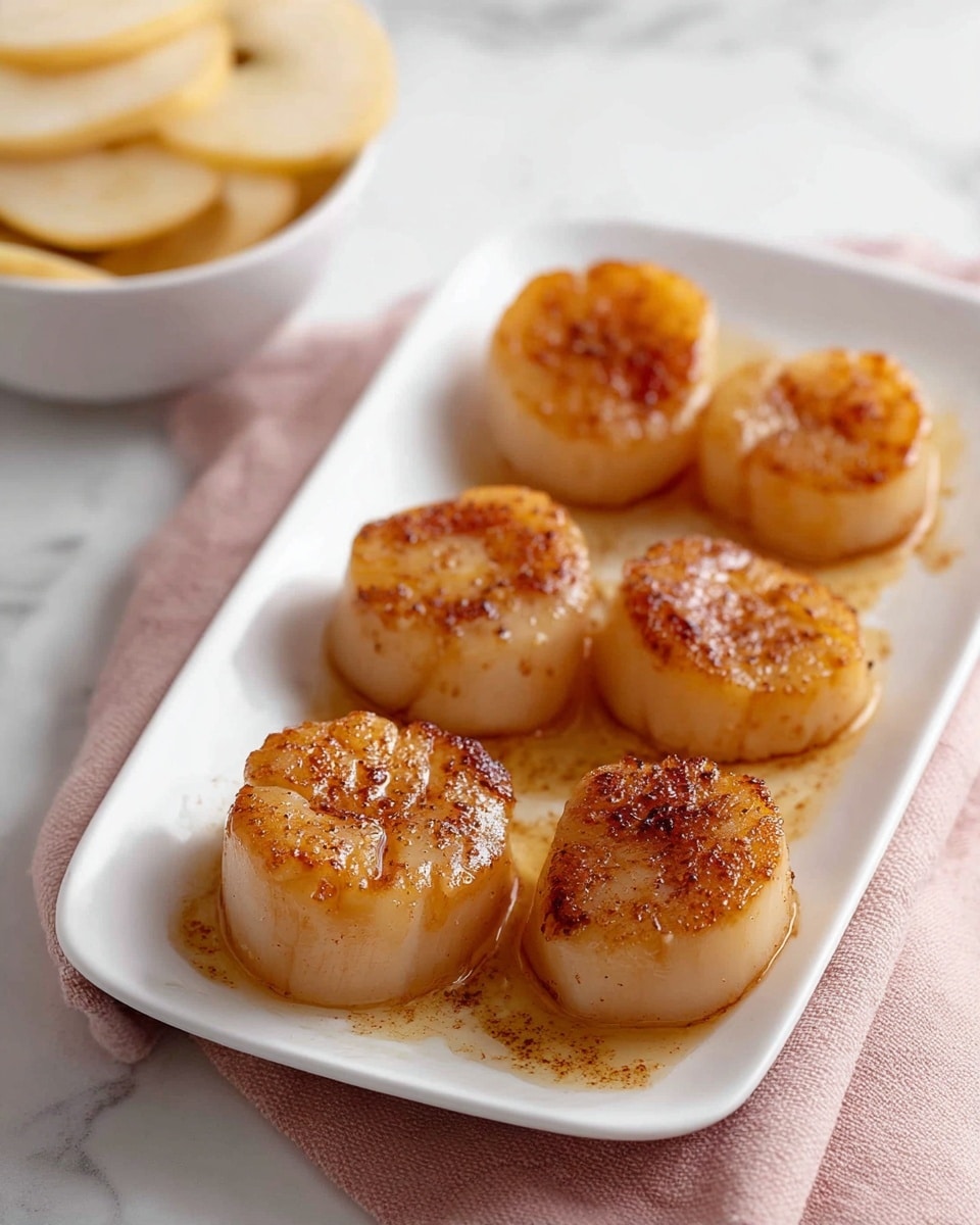 The image shows a white rectangular plate holding six round, golden-brown caramelized scallops arranged in two rows of three. Each scallop has a glossy, slightly oily surface with a light sprinkling of brown spices or seasoning, giving them a rich textured look. The plate sits on a soft pink cloth, placed on a white marbled surface. In the background, there is a white bowl filled with thinly sliced pale yellow apple or pear pieces, slightly out of focus. The whole scene is bright and clean with soft natural light. photo taken with an iphone --ar 4:5 --v 7