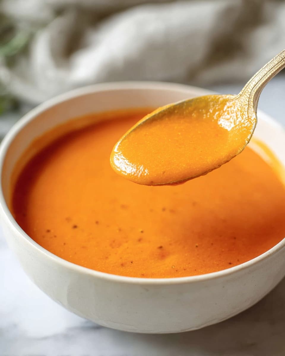 A close-up image shows a white bowl filled with smooth, thick, bright orange soup. The soup has a creamy texture with some tiny visible specks, suggesting fine seasoning or ingredients blended inside. A spoon is held above the bowl, scooping some of the soup, and the spoon itself has a light beige color with a rough texture that contrasts with the smooth soup. The background is softly blurred, showing a white marbled surface and a light gray cloth. photo taken with an iphone --ar 4:5 --v 7