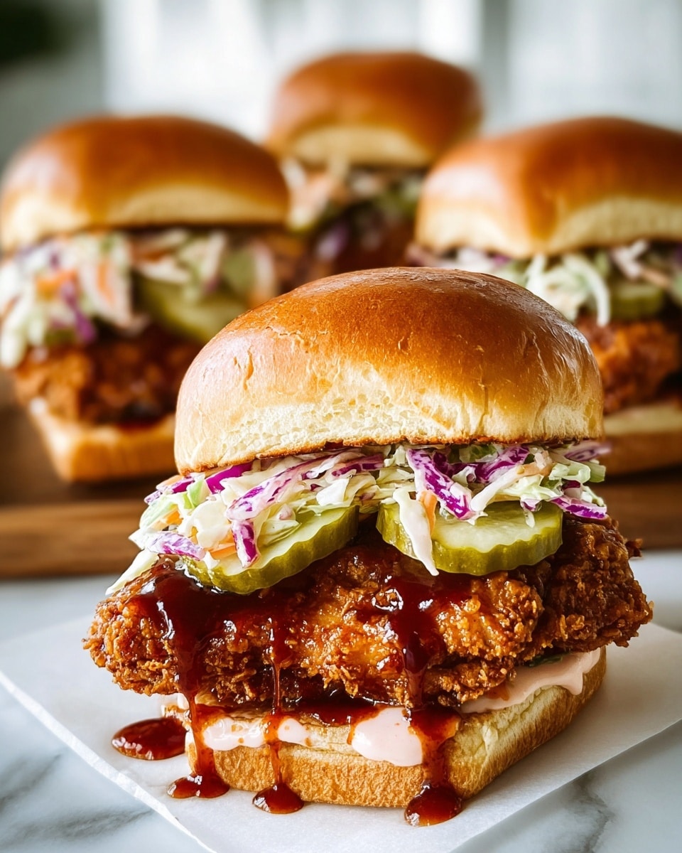 A close-up view of a fried chicken sandwich with four layers: the bottom layer is a soft, light brown sandwich bun with creamy pink sauce dripping slightly; above it is a crispy, golden-brown fried chicken piece covered in a shiny, dark reddish-brown sauce; next are three light green, crinkled pickle slices; on top is a colorful coleslaw with white, purple, and green shredded vegetables; all topped off with a glossy, smooth, golden-brown sandwich bun. In the background, three similar sandwiches are softly blurred, placed on white paper on a white marbled surface. Photo taken with an iphone --ar 4:5 --v 7