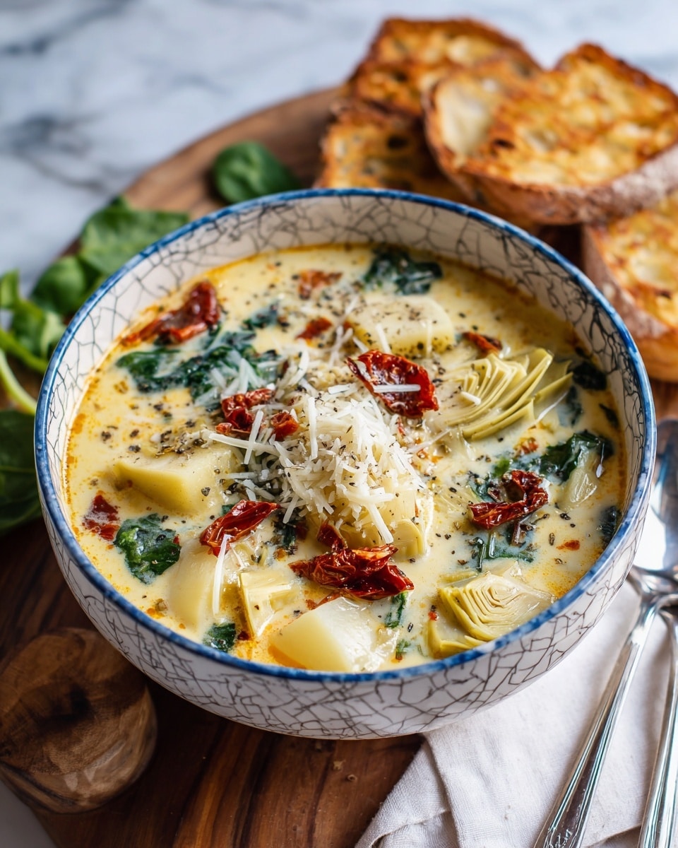 A white bowl filled with creamy soup shows several layers: at the bottom is a rich yellowish broth with bubbles and herbs, floating on top are pale yellow pieces of artichoke hearts, dark green leafy spinach, and small bits of red sun-dried tomatoes. The soup is sprinkled with shredded light yellow cheese and coarse black pepper. The bowl sits on a white marbled surface with a striped cloth underneath, and a spoon is partially visible inside the bowl. photo taken with an iphone --ar 4:5 --v 7