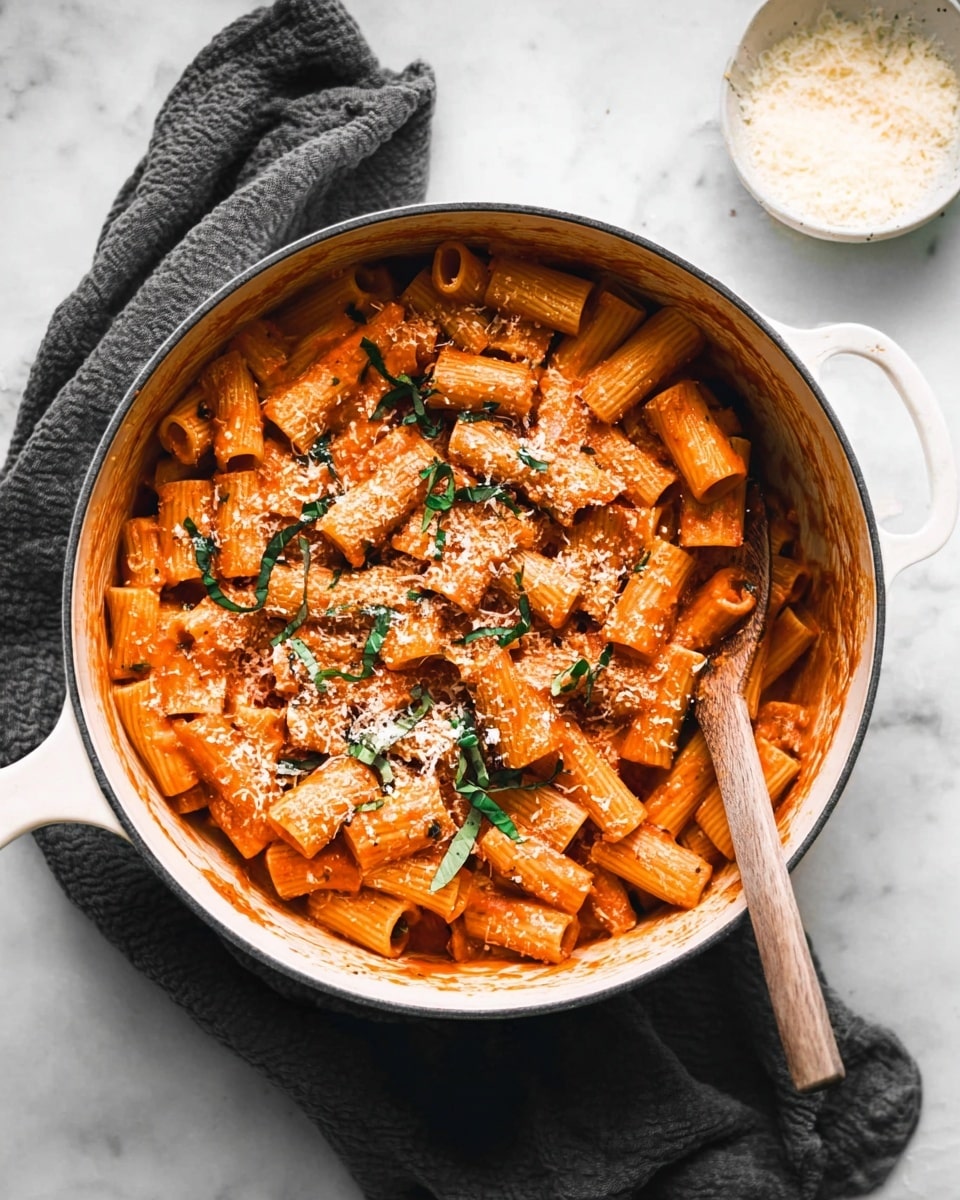 A white round pot filled with rigatoni pasta coated in a thick orange-red sauce, sprinkled with grated white cheese and topped with thin green basil strips. A wooden spoon is on the right side inside the pot, resting on the pasta. The pot sits on a dark gray cloth, all on a white marbled surface. To the top right, there is a small white bowl with more grated cheese. Photo taken with an iphone --ar 4:5 --v 7