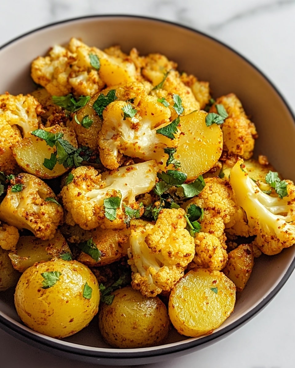 The image shows a bowl filled with cooked cauliflower and baby potatoes mixed together. The cauliflower pieces are golden brown with a slightly crispy texture from spices. The baby potatoes are soft, cut in halves, and have a yellowish color with some light browning on the edges. Small green herb leaves are scattered on top as garnish. The bowl is white, and the dish looks warm and appetizing. The background has a white marbled texture. photo taken with an iphone --ar 4:5 --v 7