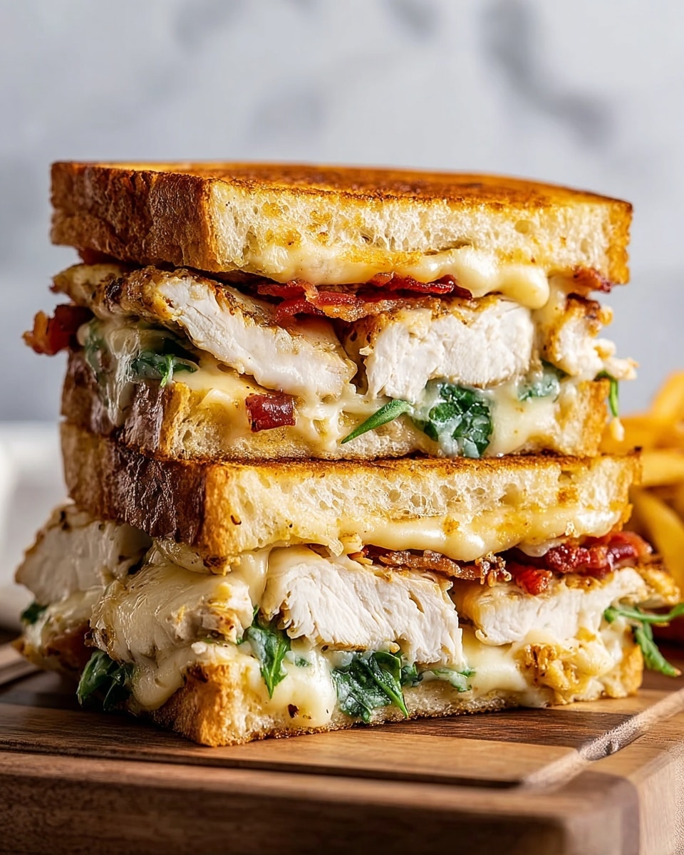 The image shows a tall sandwich cut in half and stacked, resting on a wooden board. The sandwich has three thick layers of toasted bread with a golden-brown crust. Between the bread layers, there are thick pieces of white grilled chicken, melted cheese with a creamy texture and light yellow color, crispy strips of reddish-brown bacon, and fresh green leafy vegetables. The cheese is melted and slightly oozing over the edges. The background consists of a soft-focus white marbled texture. photo taken with an iphone --ar 4:5 --v 7