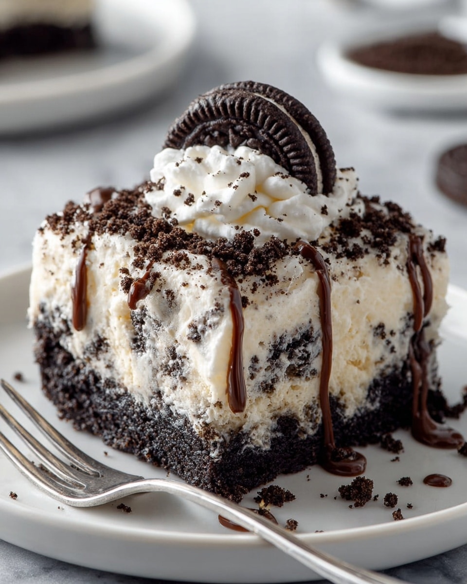 A close-up of a square piece of cookies and cream dessert sits on a white plate with a shiny silver fork beside it. The dessert has three main layers: the bottom layer is a dense dark chocolate crumb base, the middle layer is creamy white with crushed dark cookie bits mixed through, and the top layer is thick white whipped cream sprinkled generously with cookie crumbs. Thin lines of chocolate drizzle run vertically across the top layer, and a whole dark chocolate sandwich cookie crowns the dessert in the center. The scene is set on a white marbled textured surface. photo taken with an iphone --ar 4:5 --v 7