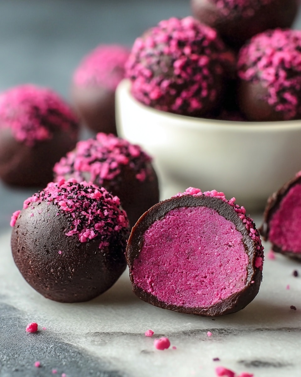 The image shows round truffles with three layers: a dark chocolate outer shell sprinkled with small pink crunchy bits, a smooth deep pink middle layer with tiny black seeds, and an inside that has a vibrant magenta color and soft texture. Some truffles are whole and others are cut open to reveal the inner layers. They are placed on a white marbled surface with a white bowl visible on the side holding more truffles. The focus is close, showing texture clearly. photo taken with an iphone --ar 4:5 --v 7