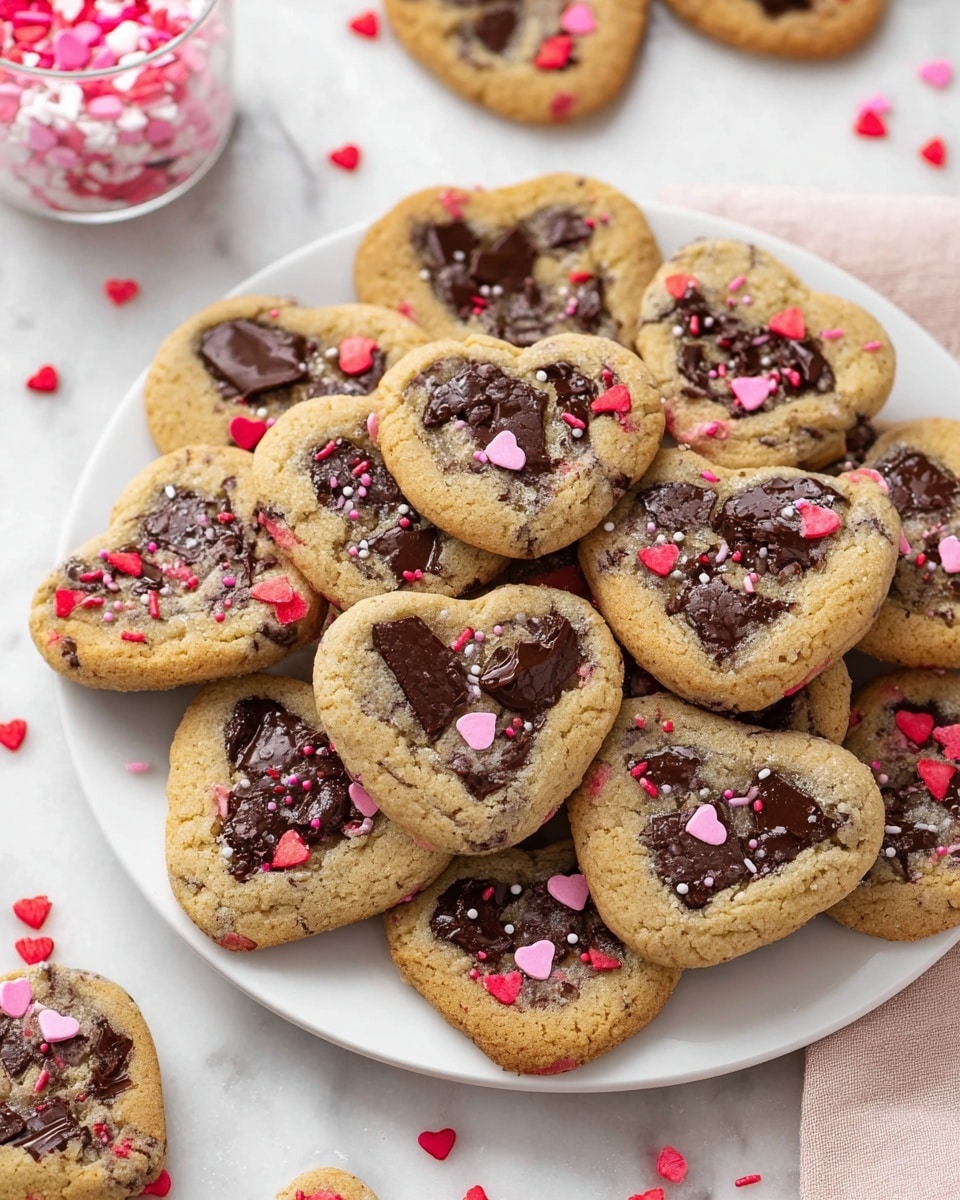 A white plate filled with many heart-shaped cookies that are golden brown with large melted dark chocolate chunks scattered on top and throughout. The cookies are decorated with red, pink, and white heart and round sprinkles, which add small pops of color on the surface. The cookies look soft and slightly chewy with a sugar-coated shine. Around the plate on a white marbled surface are some loose sprinkles and a small transparent container with more pink and red sprinkles visible. Photo taken with an iphone --ar 4:5 --v 7