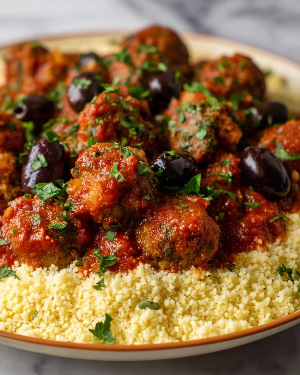 A round white plate filled with a large base layer of fine, yellow couscous grains spread evenly around the edge, forming a thick ring. Inside this ring, there is a mound of small, round meatballs covered in a rich, reddish-brown tomato sauce mixed with finely chopped herbs. Scattered throughout the meatballs and sauce are green and dark purple olives, adding pops of color. The dish is garnished with fresh, finely chopped green herbs sprinkled on top. The whole plate sits on a white marbled surface. photo taken with an iphone --ar 4:5 --v 7