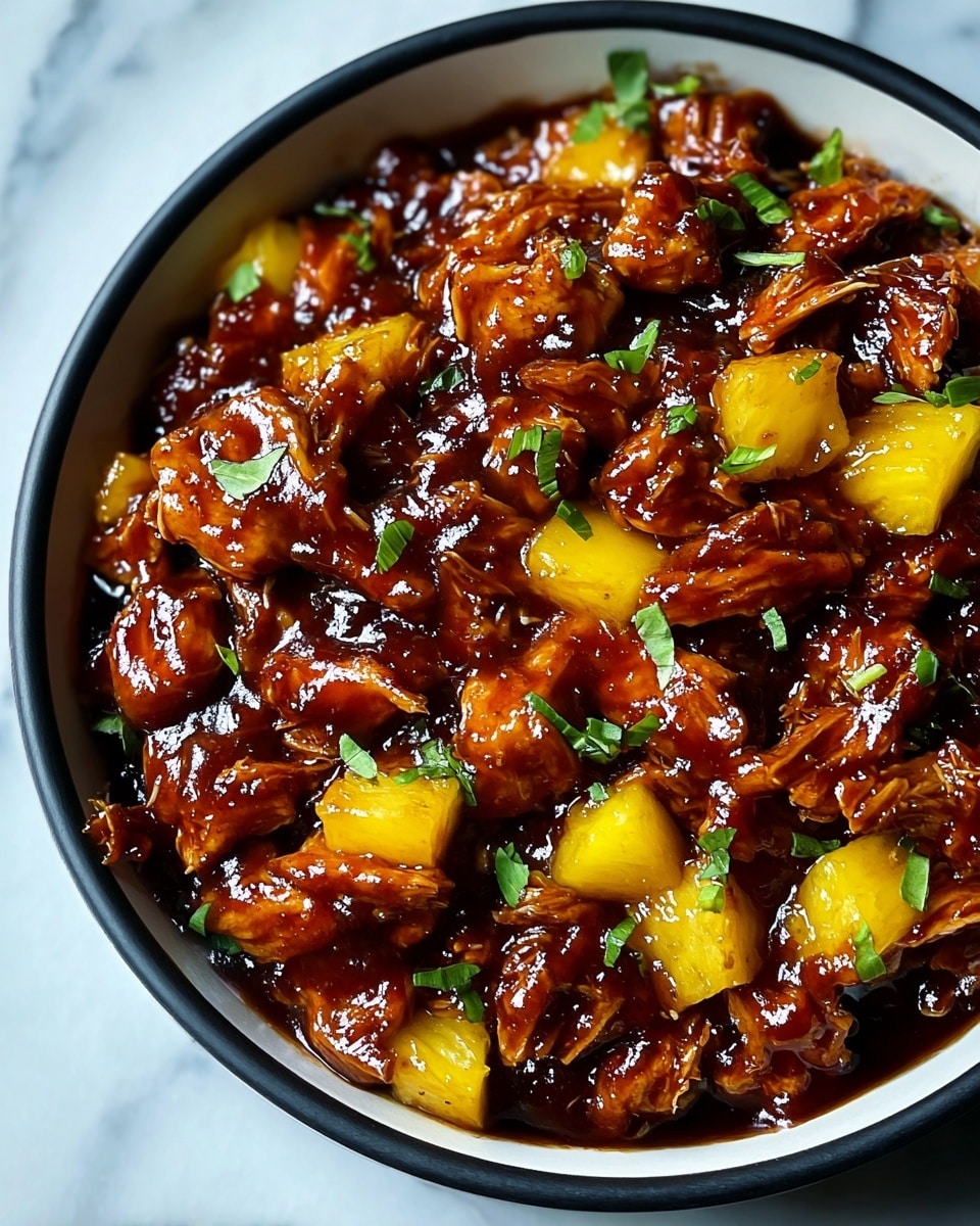 A close-up view of a dish with shredded chicken pieces covered in a thick, shiny dark brown sauce mixed with bright yellow pineapple chunks. The chicken looks tender and juicy, coated evenly in the sticky sauce that has a glossy texture. Small green herb leaves are scattered on top, adding a pop of color. The food is placed in a white bowl with a black inner rim, resting on a white marbled surface. photo taken with an iphone --ar 4:5 --v 7