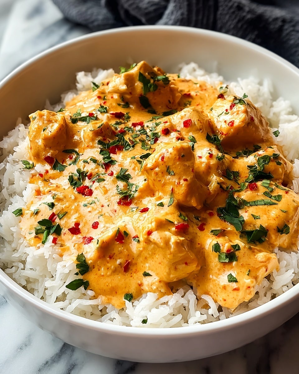 A white bowl filled with a base layer of fluffy, white rice, with each grain distinct and slightly glossy, forming a neat cushion around the edges. On top, there is a creamy orange-yellow curry sauce that covers tender chunks of chicken, giving a rich, smooth texture with small visible spices. The dish is sprinkled evenly with fresh green chopped herbs and scattered red chili flakes, adding vibrant contrast and a fresh look. The bowl is set on a white marbled surface, enhancing the clean and bright presentation. photo taken with an iphone --ar 4:5 --v 7