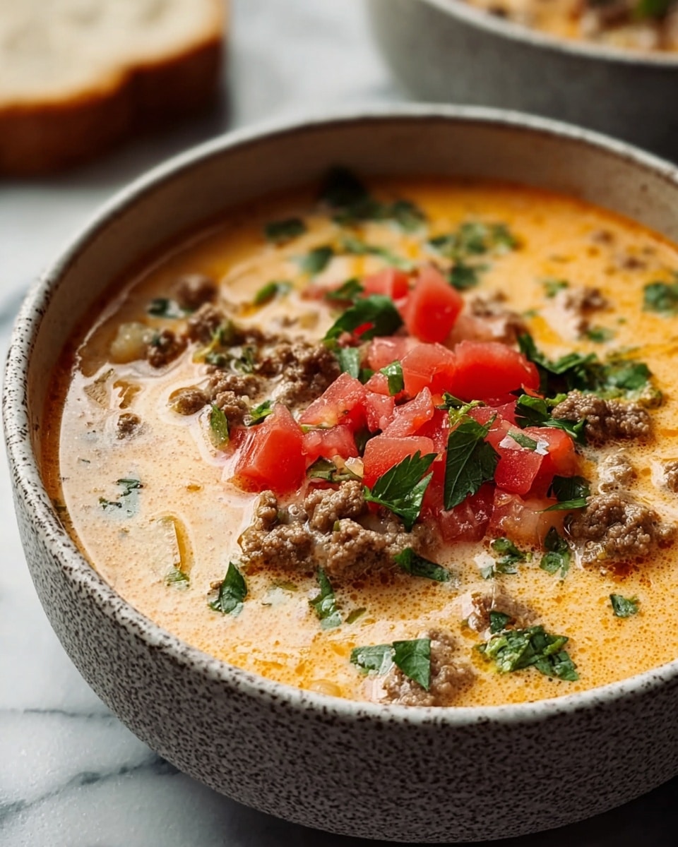 A close-up bowl of soup with three main layers: a creamy, light orange broth as the base, a middle layer with small clumps of cooked brown ground meat and soft pale yellow onion pieces, and a top layer of diced bright red tomatoes and fresh green chopped herbs scattered over the soup; the bowl is white with a rough dark speckled texture, sitting on a white marbled surface, with a slice of bread blurred in the background. photo taken with an iphone --ar 4:5 --v 7