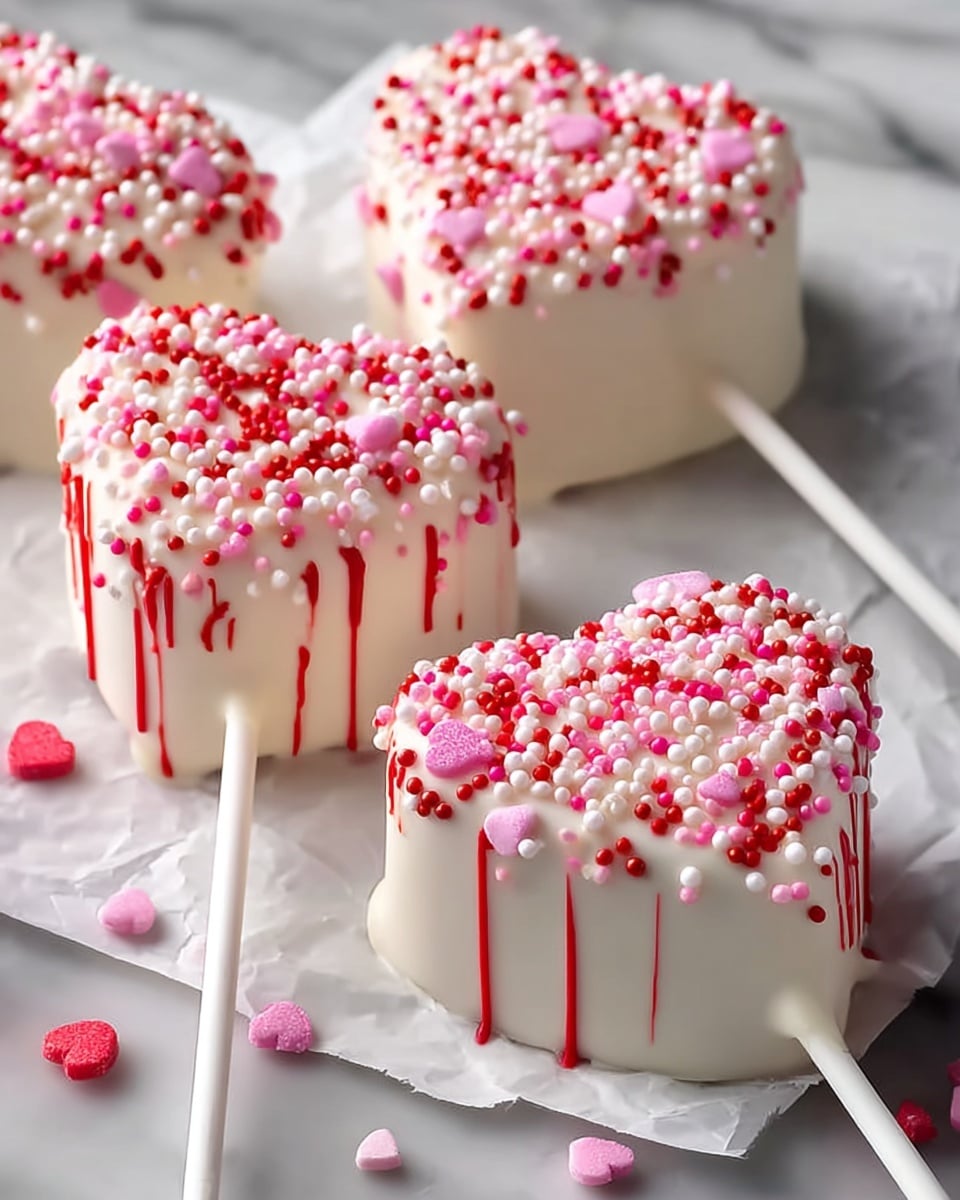 The image shows several large square marshmallows covered in smooth white coating, each on a stick. The marshmallows are coated with colorful sprinkles mostly in red, pink, and white, with various shapes including hearts and tiny round balls. The marshmallows sit on crumpled white paper, placed on a white marbled surface. The sticks extend out in different directions, and the focus is on the front marshmallow with others softly blurred in the background. photo taken with an iphone --ar 4:5 --v 7