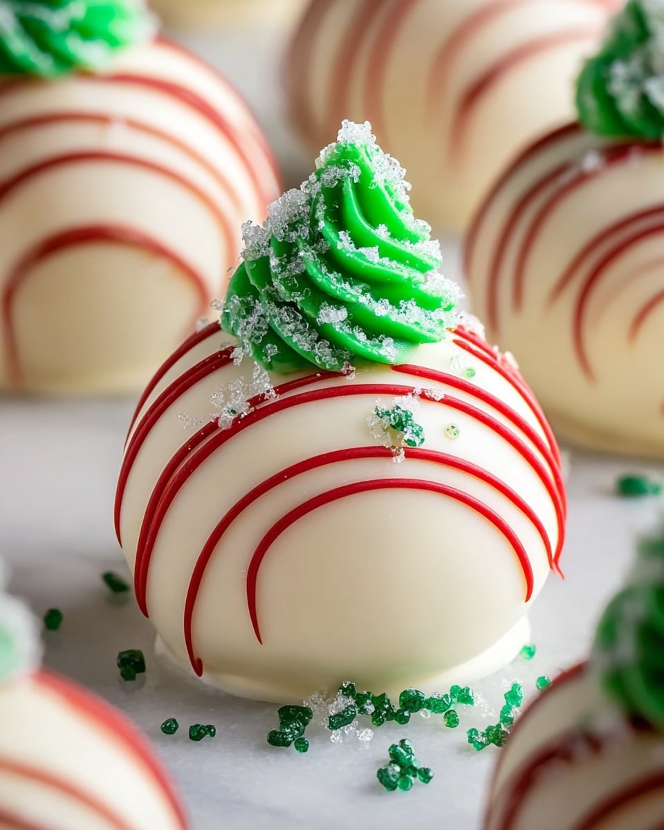 A round dessert ball with a smooth white chocolate coating forms the base layer. The top is decorated with thin, bright red chocolate lines draped over the sides creating a striped pattern, and a small mound of green sugar crystals sits at the very peak, with extra green and white sprinkles scattered lightly around it. In the background, other similar dessert balls are partially visible on a white marbled surface, adding a festive and elegant touch to the scene. photo taken with an iphone --ar 4:5 --v 7