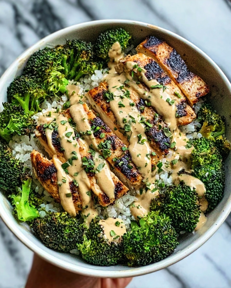 A white bowl filled with bright green roasted broccoli pieces arranged around the edge, forming a ring. Inside the broccoli ring, there is a layer of white rice as the base. On top of the rice, there is a large piece of grilled chicken breast with visible char marks and a golden brown color. Drizzled over the chicken and broccoli is a creamy beige sauce with small green herb pieces sprinkled on top. The texture of the broccoli looks slightly crispy while the chicken is juicy and tender. The background is a white marbled surface. A woman's hand is slightly visible holding the bowl. Photo taken with an iphone --ar 4:5 --v 7