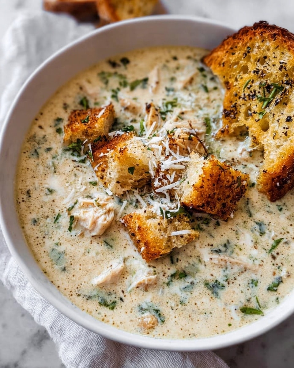 A white bowl filled with creamy soup that has a smooth, slightly bubbly light beige base speckled with chopped green herbs and bits of shredded light brown chicken throughout. On top, there are golden brown croutons with a rough crunchy texture and a small sprinkling of shredded white cheese. A piece of toasted golden brown bread, speckled with black pepper and herbs, rests on the edge of the bowl. The bowl is placed on a white marbled textured surface with a light cloth nearby. photo taken with an iphone --ar 4:5 --v 7