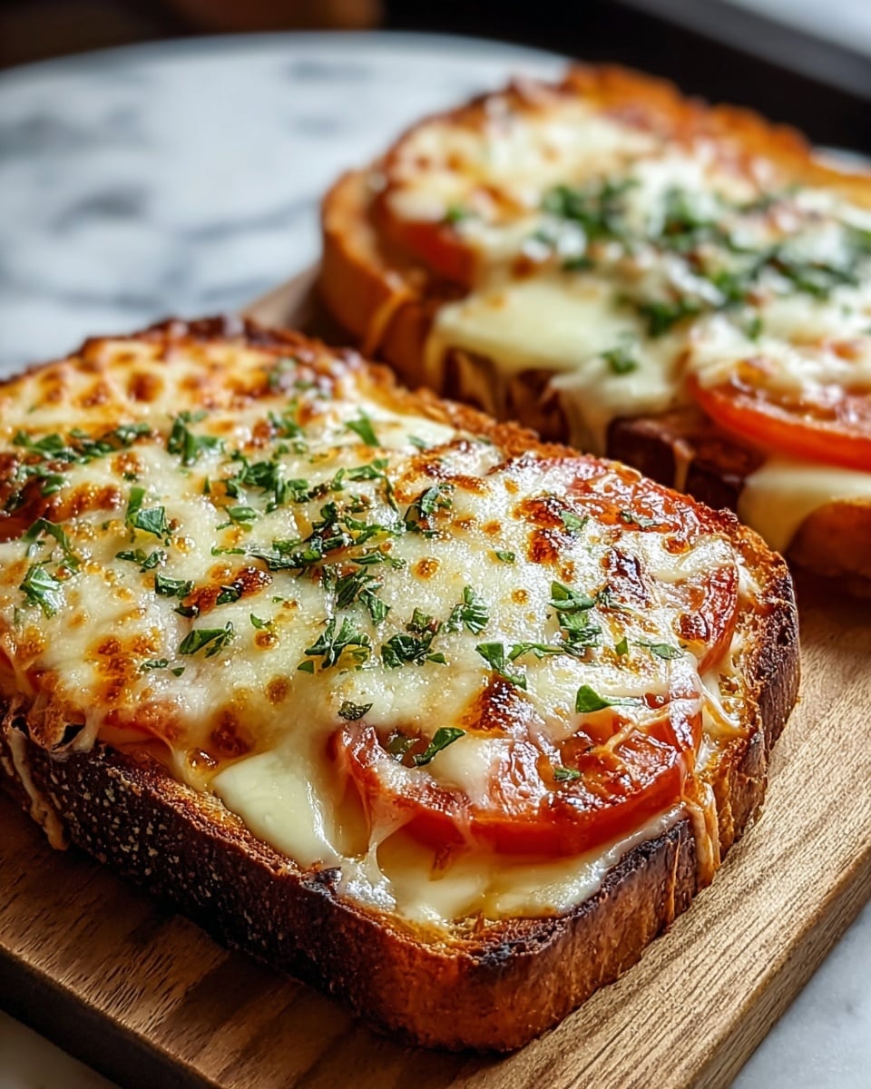 Two thick slices of toast form the base, with golden toasted edges and a slightly crispy texture. Each slice is topped with a layer of melted cheese that is browned and bubbly, stretching slightly over the sides. Underneath the cheese, there are slices of red tomatoes visible, adding a fresh, juicy layer. Green herbs are sprinkled on top, giving a fresh contrast to the warm colors. The slices are placed on a wooden board which is on a white marbled texture surface. photo taken with an iphone --ar 4:5 --v 7