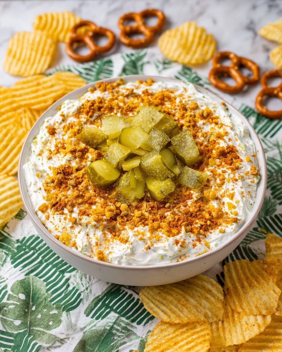A white bowl filled with three visible layers: the bottom layer is creamy white dip, the middle layer is covered with golden brown crushed crumbs, and the top layer has bright yellow and green pickle chips scattered around with small light green diced pickles piled in the center. The bowl sits on a green and white patterned cloth on a wooden surface. Around the bowl, there are golden wavy potato chips, yellow pickle slices, and small brown pretzels scattered loosely. The background is a white marbled texture. photo taken with an iphone --ar 4:5 --v 7
