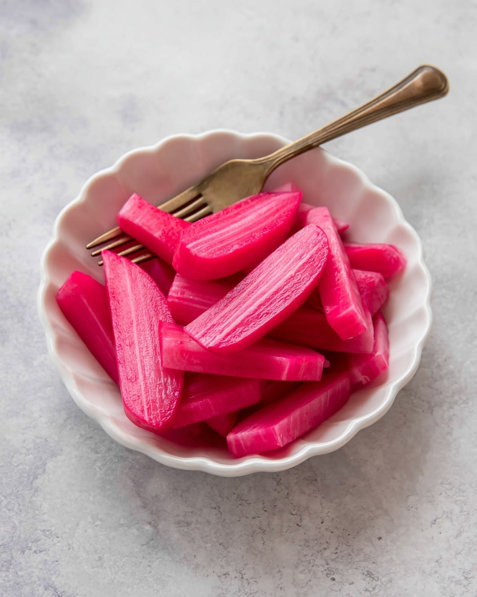 A white, scalloped bowl is filled with bright pink pickled radish sticks and slices. The radish pieces have a smooth texture and are stacked loosely, showing both long rectangular sticks and curved slices. The bowl sits on a white marbled surface, and a vintage metal fork with a warm bronze tone is placed above the bowl, angled diagonally. The colors and shapes create a simple yet vibrant look. photo taken with an iphone --ar 4:5 --v 7