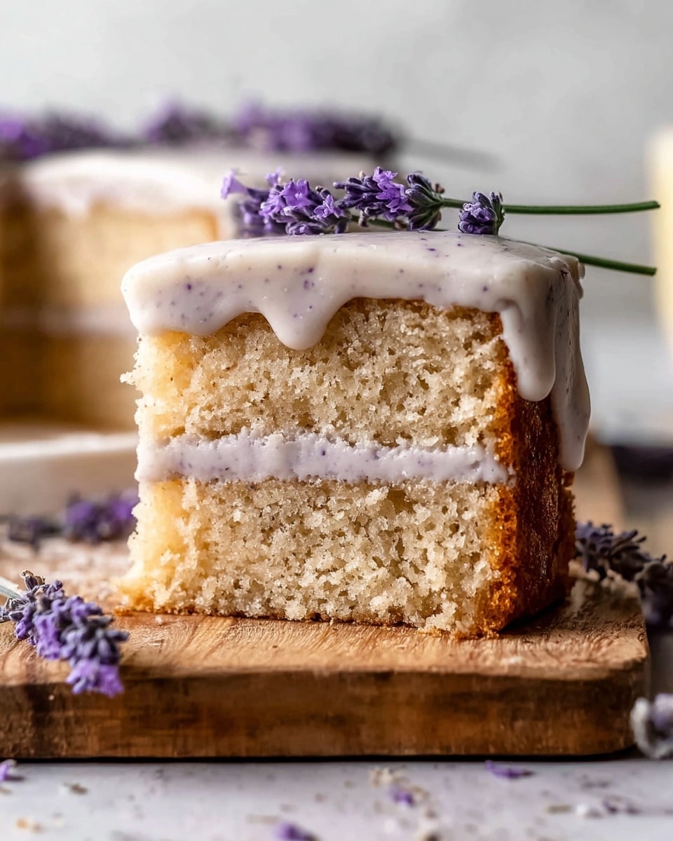 A two-layer cake slice is shown on a wooden board, each layer is light brown with a soft, moist texture. Between the layers and on top, there is smooth, light lavender-colored frosting with tiny darker specks. The frosting on the top is thick and creamy, slightly dripping over the cake's side. Small purple flower sprigs are placed gently on top of the cake, adding a natural decorative touch. The scene is set against a white marbled texture that gives a clean, bright feel. photo taken with an iphone --ar 4:5 --v 7