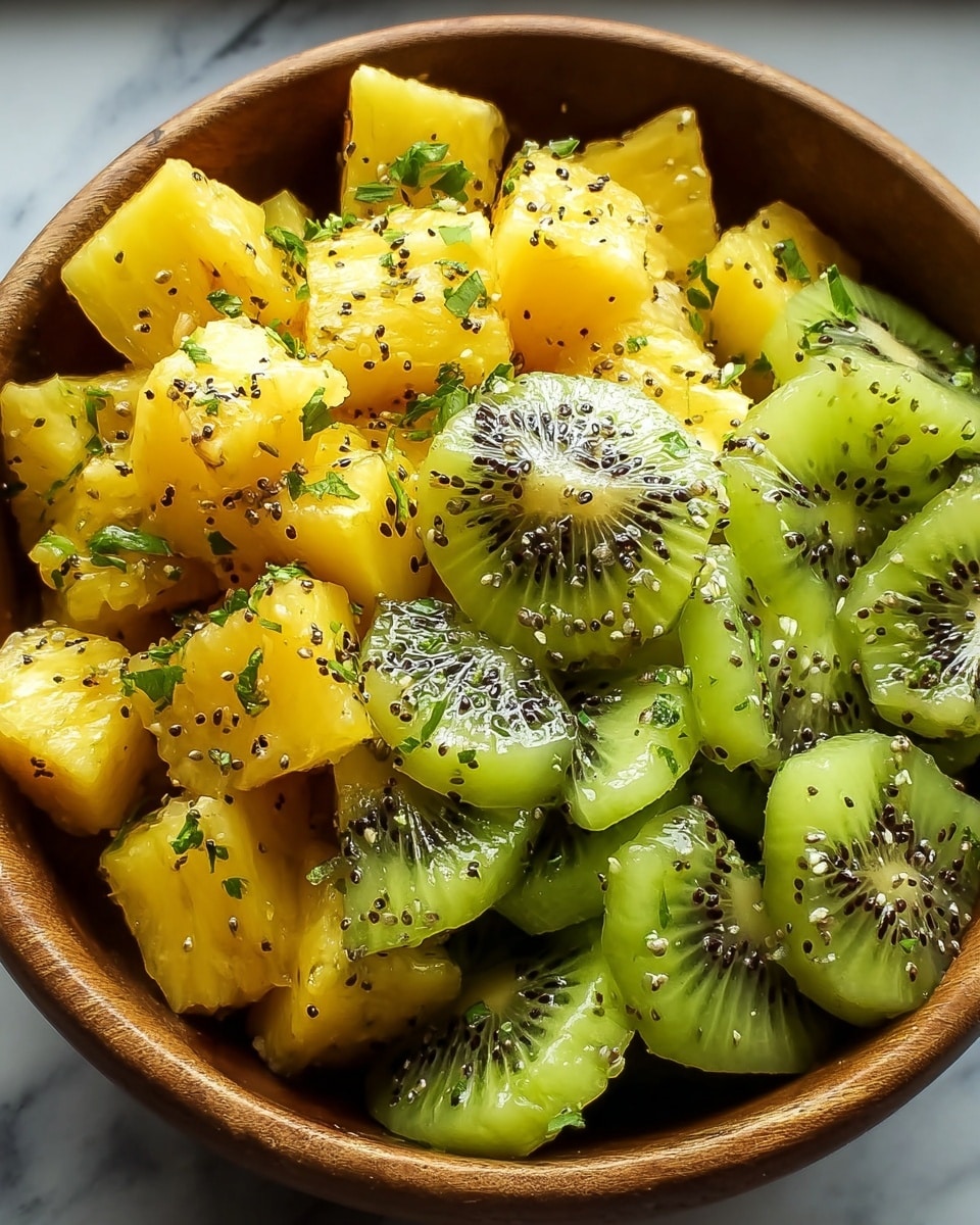 A wooden bowl filled with a fresh fruit salad consisting of two main layers: bright yellow pineapple chunks cut into medium cubes forming the base layer, and round slices of green kiwi fruit with visible black seeds layered on top and mixed evenly among the pineapple. The fruit is sprinkled with finely chopped green herbs and black and white seasoning flakes scattered across the surface, giving a speckled texture. The fruits look juicy and glossy under soft lighting. The bowl sits on a white marbled surface. photo taken with an iphone --ar 4:5 --v 7