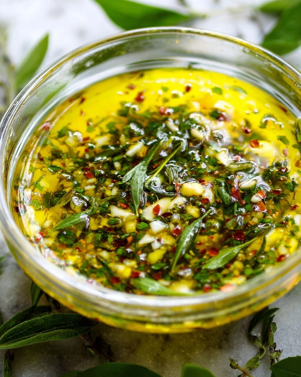 A close-up view of a clear glass bowl filled with a bright yellow olive oil base, mixed with finely chopped green herbs, white garlic pieces, and small red chili flakes scattered throughout. The mixture has a shiny, oily texture with fresh green herb sprigs resting on the surface. The bowl is set on a white marbled texture background with additional green herb leaves partially visible around its edges. photo taken with an iphone --ar 4:5 --v 7