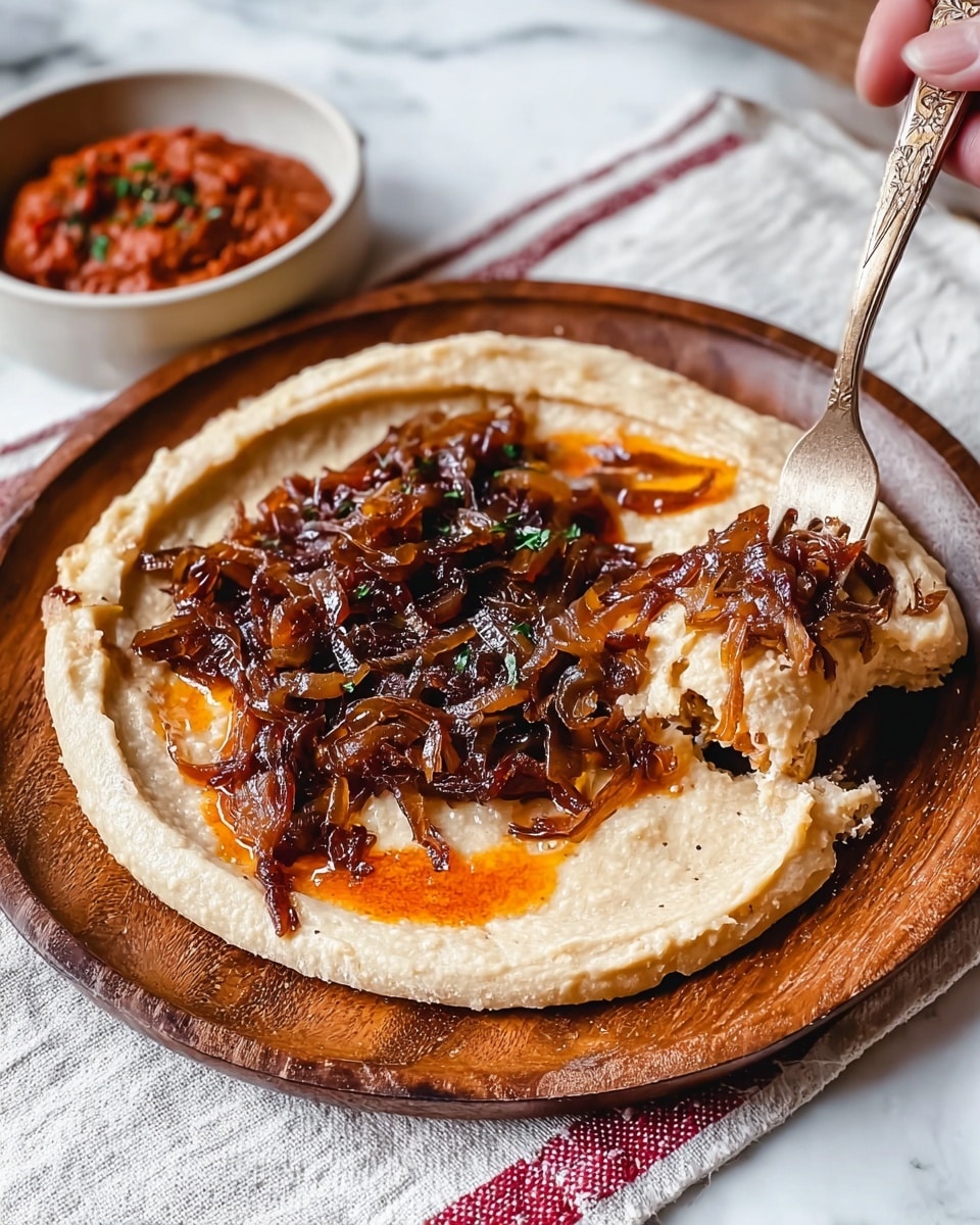 A round wooden plate holds a flatbread topped with a smooth, creamy beige spread covering the entire surface, about one thick layer. On top of the spread, there is a generous pile of dark golden-brown caramelized onions with a glossy texture, sitting in the center. Around and slightly under the onions, there are streaks of bright orange oily sauce adding shine and contrast. A wooden fork lifts a portion from the right side, showing a combined scoop of the creamy spread and caramelized onions, with a woman's hand holding the fork. In the top left corner of the frame, there is a white bowl filled with a rich red sauce. The background is a white marbled surface with a white cloth that has red stripes underneath the plate. photo taken with an iphone --ar 4:5 --v 7