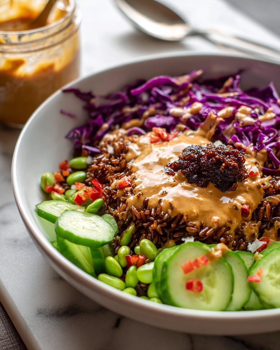 A close-up view of a white bowl filled with a colorful layered dish, starting with a base of dark brown crispy rice in the center, surrounded by bright purple shredded cabbage on the right side and fresh green cucumber slices scattered on the left and bottom edges. On top of the rice is a thick drizzle of creamy light brown peanut sauce with a dollop of dark red chili paste in the center. Edamame beans and small bits of red bell pepper are sprinkled around for added color and texture. In the blurred background, a jar with a spoon inside holds more of the peanut sauce. The scene rests on a white marbled surface. Photo taken with an iphone --ar 4:5 --v 7