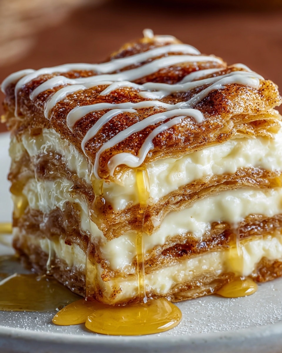 A close-up of a square slice of layered dessert on a white plate, showing three visible layers of soft, golden-brown pastry with a slightly crispy, cinnamon-spiced top layer drizzled with white icing in thin lines. Between each pastry layer is a thick layer of creamy white filling. A golden syrup is slowly dripping down the side of the slice, pooling on the white marbled surface beneath. The dessert looks moist and rich with a slightly crunchy cinnamon sugar crust on top. Photo taken with an iphone --ar 4:5 --v 7