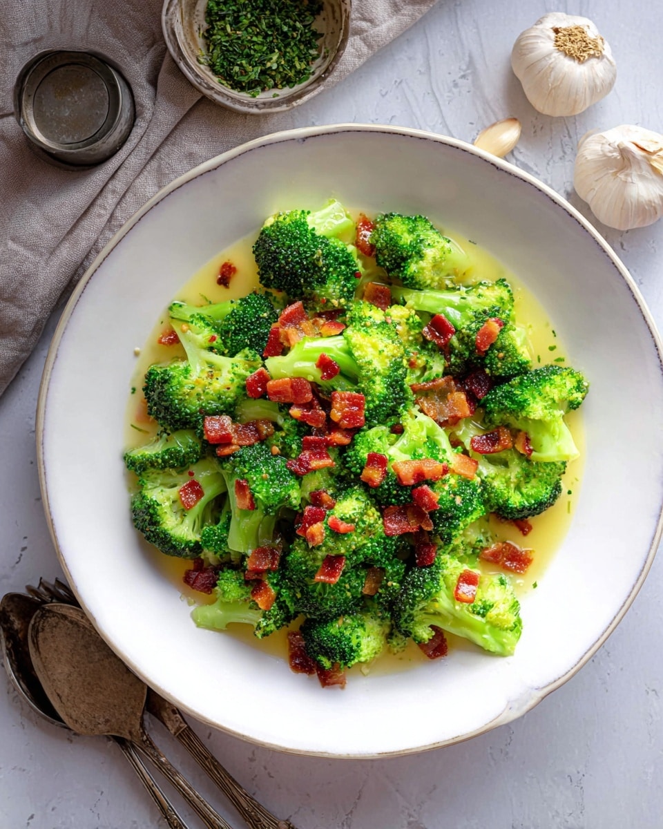 The dish shows a white plate filled with bright green broccoli florets cooked in a light golden sauce, topped with small pieces of crispy reddish-brown bacon scattered evenly over the broccoli. The broccoli has a slightly glossy texture from the sauce, and the bacon adds a crunchy contrast on top. The plate is placed on a white marbled surface, and around it, there are garlic cloves, some loose broccoli florets, and vintage silver forks nearby. Photo taken with an iphone --ar 4:5 --v 7