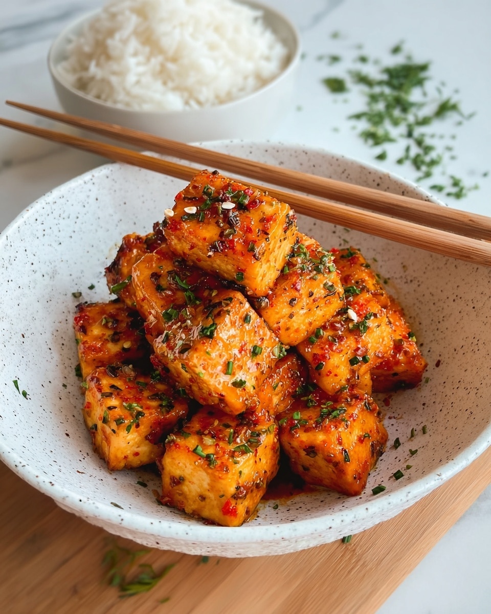 A white speckled bowl filled with golden-brown crispy tofu cubes, each piece coated with a shiny orange-red sauce and sprinkled evenly with finely chopped green herbs. The tofu pieces are stacked in two layers, showing a mix of smooth sauce and browned, crispy edges. A pair of light wooden chopsticks rests across the top edge of the bowl. In the background, a white bowl holding plain white rice is placed higher up, partially visible, with some green herbs scattered around on a white marbled surface. photo taken with an iphone --ar 4:5 --v 7
