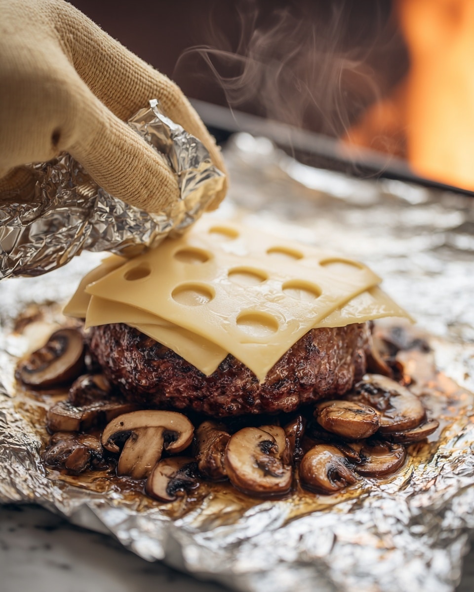 A thick cooked beef patty sits on a bed of browned, sliced mushrooms that are soaked in rich, golden-brown juices on a piece of crinkled aluminum foil. On top of the patty is a single layer of pale yellow Swiss cheese with distinctive round holes, melting and covering almost the entire meat. A woman's hand wearing a beige heat-resistant glove is lifting one side of the foil, revealing steam rising from the hot food. The background includes a soft glow from a flame, giving a warm feeling of cooking. The surface beneath is a white marbled texture. photo taken with an iphone --ar 4:5 --v 7