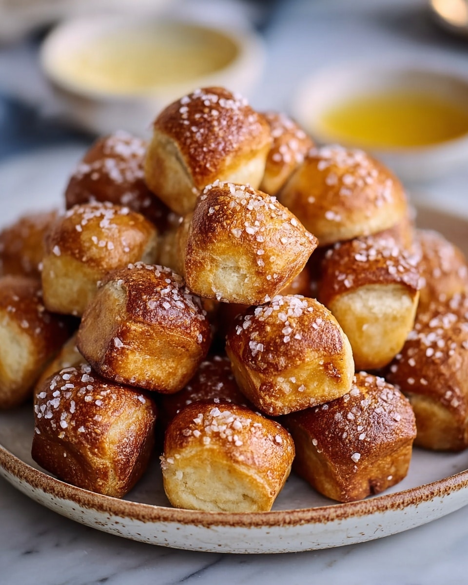 A pile of about twenty small baked pretzel bites stacked in a white round plate with a rustic brown speckled pattern, each piece showing a golden-brown top with coarse white salt crystals sprinkled over, the sides of the bites are a lighter, soft beige color with a slightly rough texture, some bites have rounded tops while others have more angular edges, in the blurred background there is a small white bowl filled with melted butter, all placed on a white marbled texture surface, photo taken with an iphone --ar 4:5 --v 7