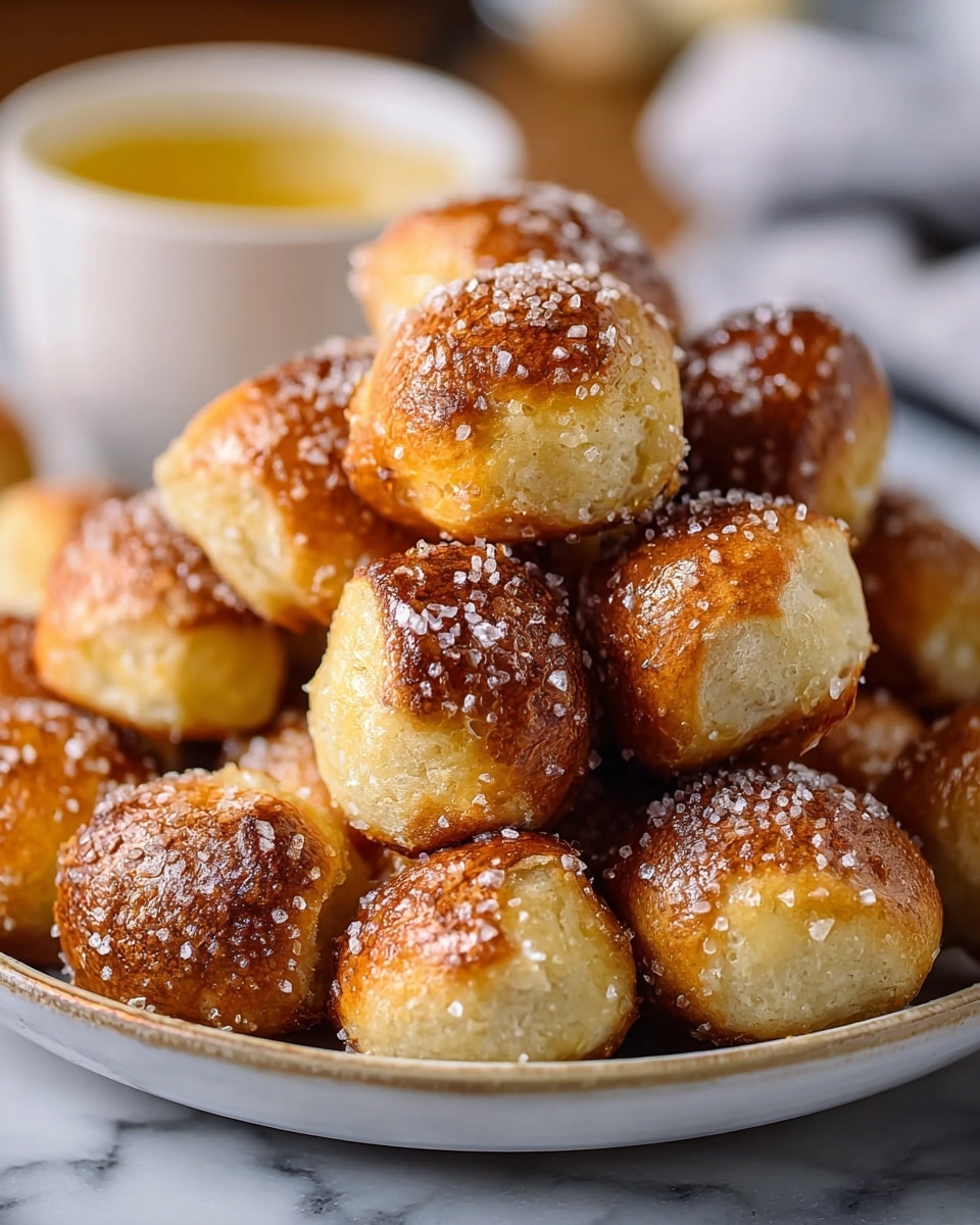 A pile of small, round pretzel bites with a golden-brown top layer covered in coarse salt sits on a white plate. Each piece shows a soft, light beige bottom layer, contrasting with the darker baked top. The pretzel bites are clustered closely, with some stacked slightly on top of others. In the blurred background, a white bowl with melted butter or dipping sauce is partially visible, all resting on a white marbled surface. photo taken with an iphone --ar 4:5 --v 7