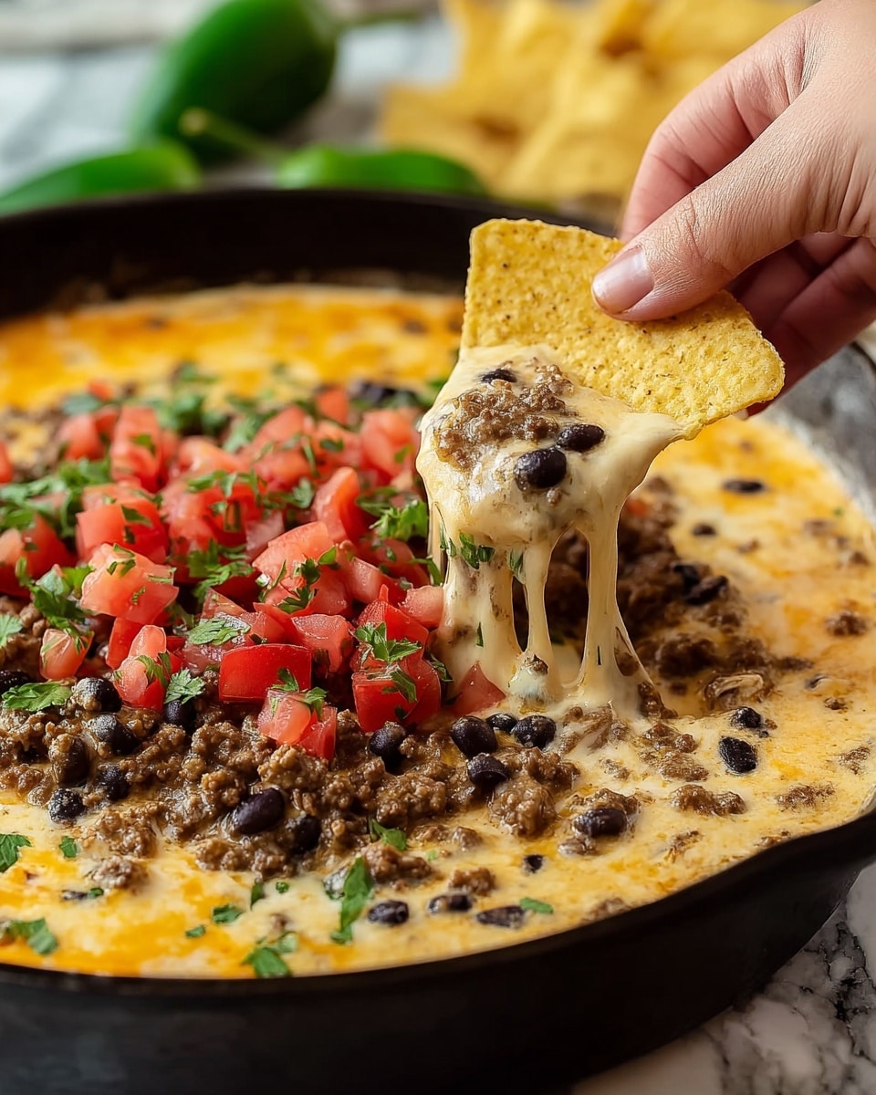A close-up of cheesy dip in a black skillet with three main layers: the creamy, melted cheese layer in bright orange and smooth texture at the base, a layer with browned ground meat and black beans scattered evenly, and a fresh topping of small diced red tomatoes and chopped green herbs spread over the top. A woman's hand is dipping a yellow, triangular tortilla chip into the dip, lifting a scoop that shows the creamy and chunky mix of cheese, meat, and beans. The background is a white marbled texture with some blurred green peppers visible. photo taken with an iphone --ar 4:5 --v 7