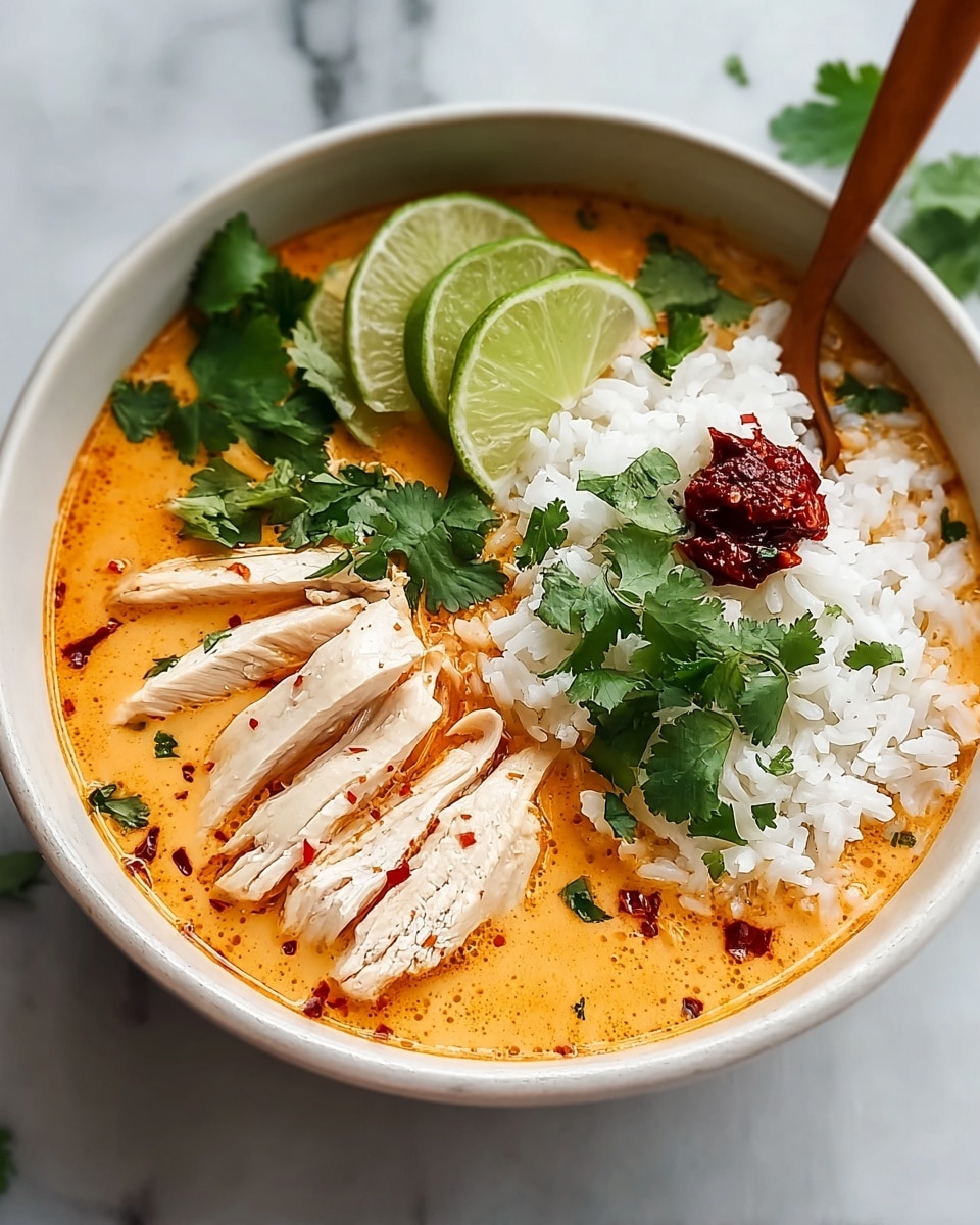 A dark bowl filled with creamy orange soup dotted with red chili oil and green herbs sits on a white marbled surface. On one side of the bowl, there is a portion of white rice topped with fresh green cilantro leaves. Two slices of juicy white chicken breast rest partly in the soup, one slice with a dollop of red chili paste. A wooden spoon lifts a piece of the chicken from the soup. Behind the rice, two lime wedges add a bright green pop of color. Photo taken with an iphone --ar 4:5 --v 7