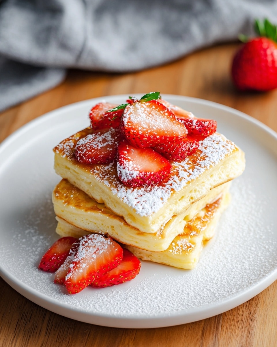 A stack of three thick square pancakes with golden-brown edges sits in the center of a white plate. The pancakes have a soft and fluffy texture with visible layers, each slightly offset to show their thickness. On top, there is a layer of bright red sliced strawberries with fresh green leaves, arranged neatly. A light dusting of powdered sugar covers the pancakes and plate, adding a delicate white contrast to the warm tones. The plate rests on a wooden table with a blurred gray cloth and a whole strawberry in the background. photo taken with an iphone --ar 4:5 --v 7