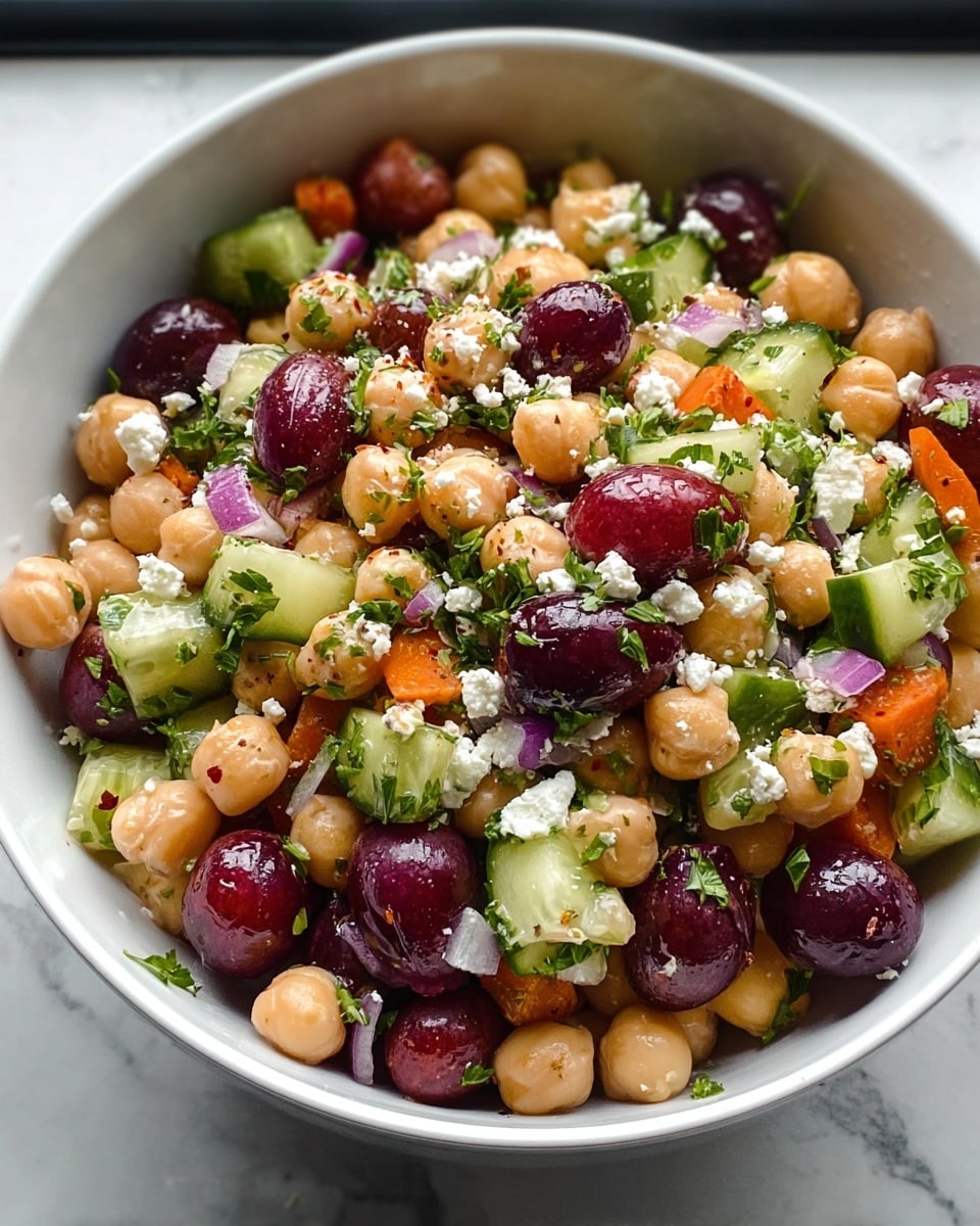 A white bowl filled with a layered salad showing round light beige chickpeas and dark red grapes scattered throughout. Intermixed are chunks of light green cucumber, small pieces of bright orange carrot, and bits of diced purple onion. Fresh green parsley leaves add a touch of brightness, while small white crumbles of cheese sit on top, creating texture contrast. The salad looks fresh and lightly seasoned, with a mix of colors and textures well balanced. The bowl sits on a surface with a white marbled texture, and the photo has a soft natural light. photo taken with an iphone --ar 4:5 --v 7